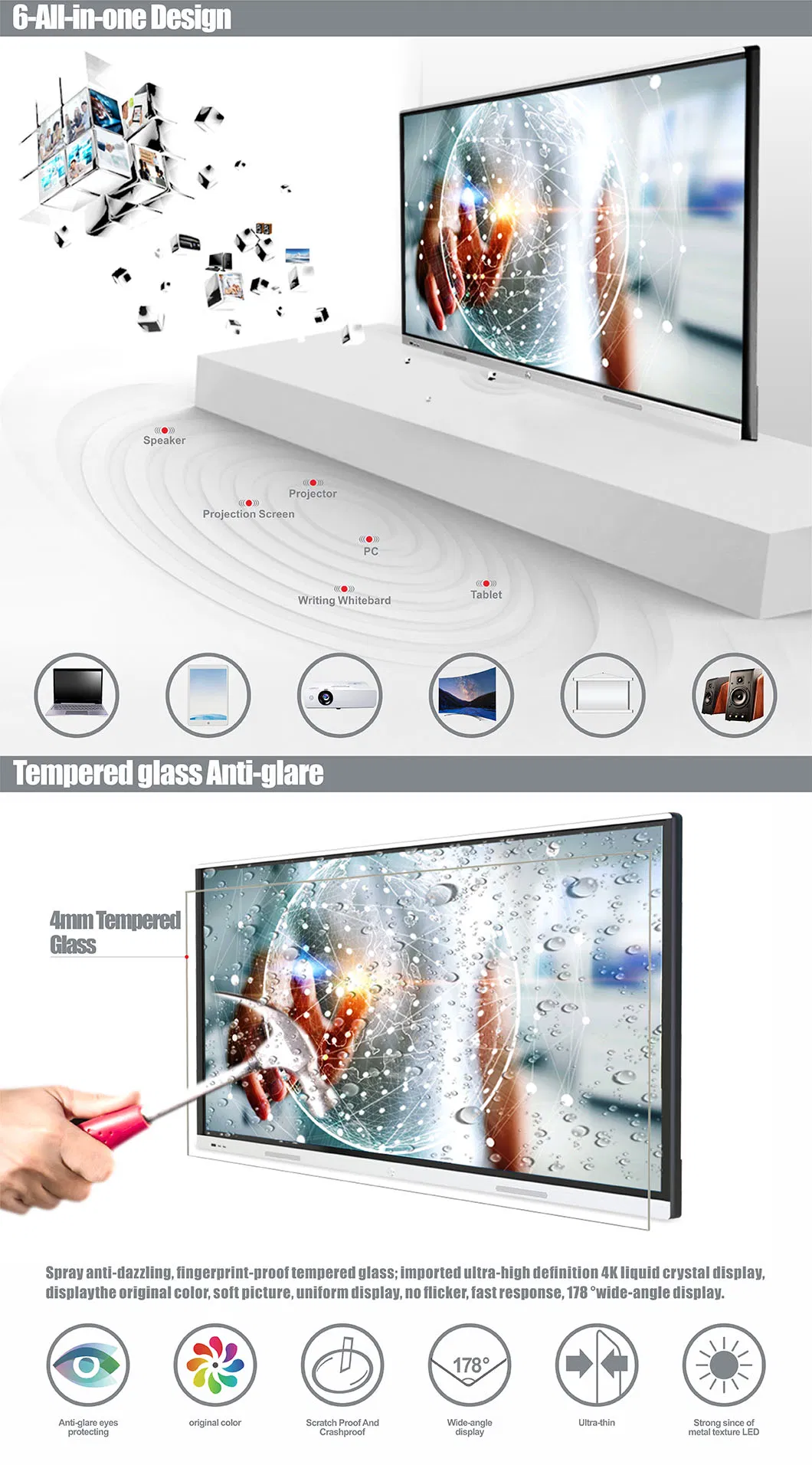 T6 Series 86 Inch 20 Points Touch Display Smartboard Interactive Whiteboard for Classroom&Office Replace The Projector