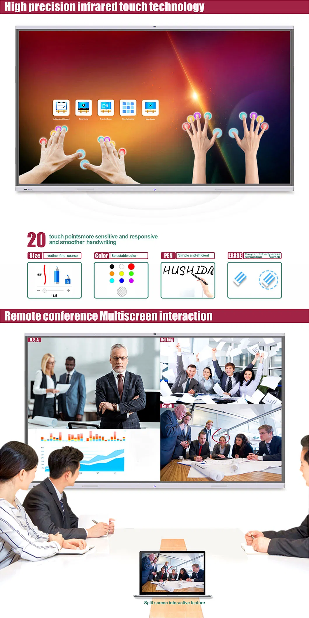 T6 Series 86 Inch 20 Points Touch Display Smartboard Interactive Whiteboard for Classroom&Office Replace The Projector